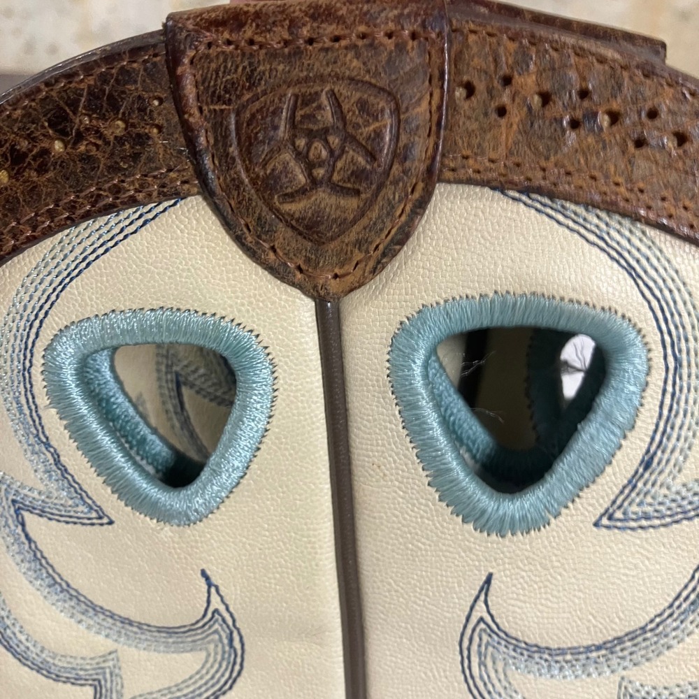 Ariat Womens Earth Rawhide Leather Cream Blue Upper Western Cowboy Boots Size 7 - Picture 6 of 9